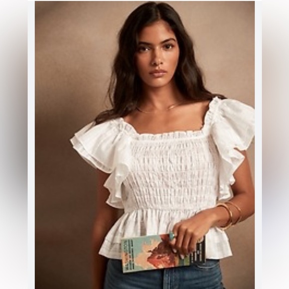 Banana Republic Tops - Banana Republic White Smocked Ruffle Peplum Top